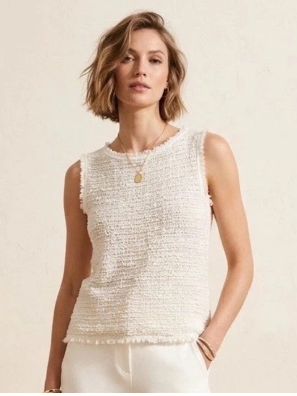 Max Studio NWT Cream Fringe Knit Tank Top Sleeveless Crochet XS